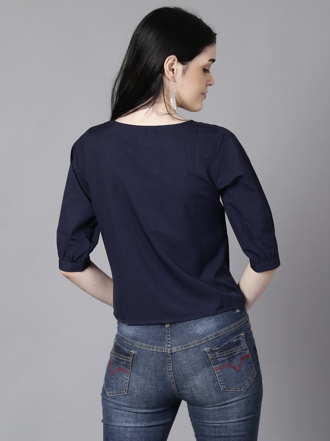 Women Navy Blue Casual Solid Square Neck Top | LASVINI - Redefining Indian Fashion with Elegance