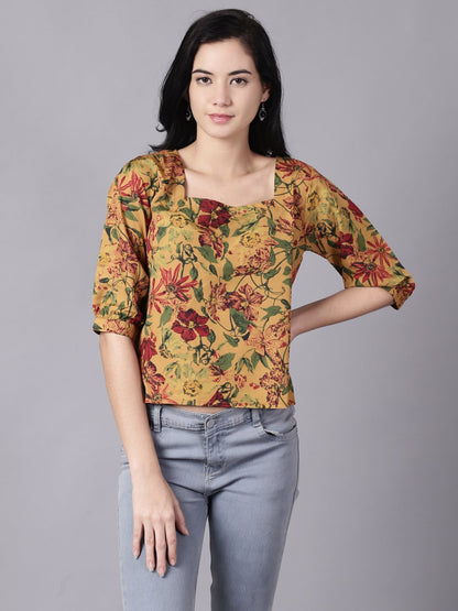 Women Mustard Yellow Casual Printed Square Neck Top | LASVINI - Redefining Indian Fashion with Elegance
