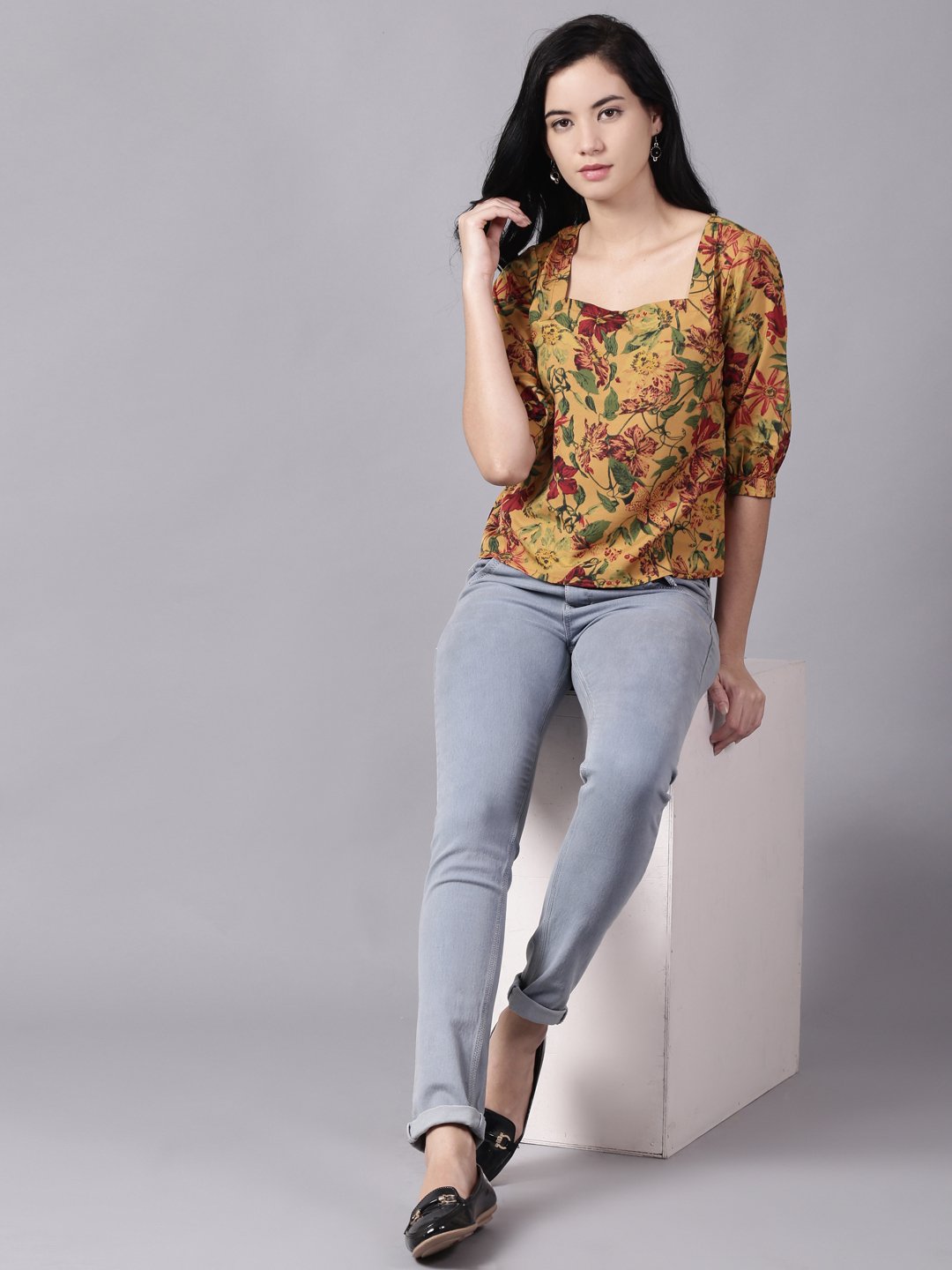 Women Mustard Yellow Casual Printed Square Neck Top | LASVINI - Redefining Indian Fashion with Elegance