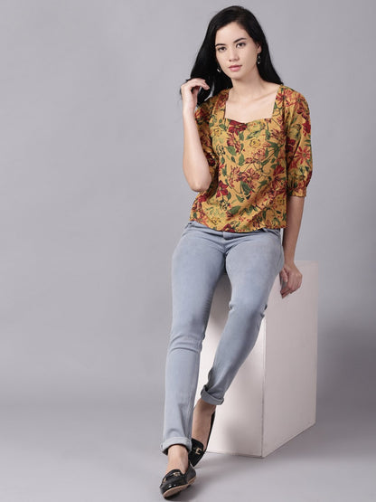 Women Mustard Yellow Casual Printed Square Neck Top | LASVINI - Redefining Indian Fashion with Elegance