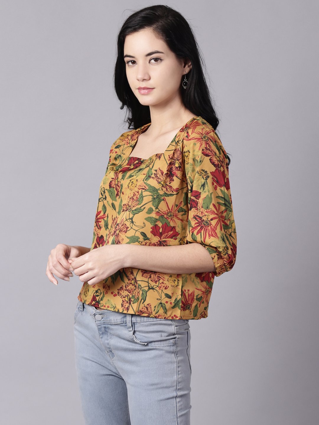 Women Mustard Yellow Casual Printed Square Neck Top | LASVINI - Redefining Indian Fashion with Elegance