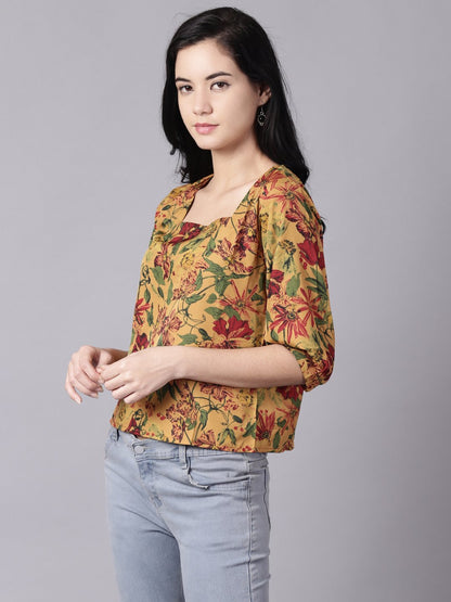 Women Mustard Yellow Casual Printed Square Neck Top | LASVINI - Redefining Indian Fashion with Elegance
