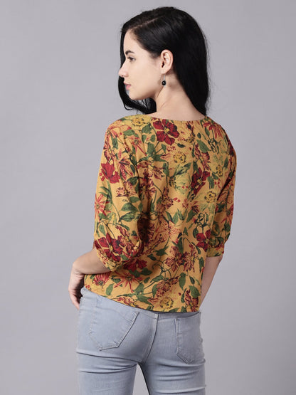 Women Mustard Yellow Casual Printed Square Neck Top | LASVINI - Redefining Indian Fashion with Elegance
