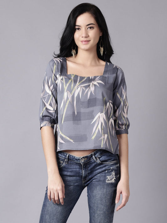 Women Grey Casual Printed Square Neck Top | LASVINI - Redefining Indian Fashion with Elegance