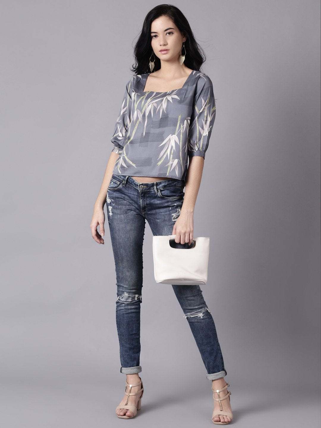 Women Grey Casual Printed Square Neck Top | LASVINI - Redefining Indian Fashion with Elegance