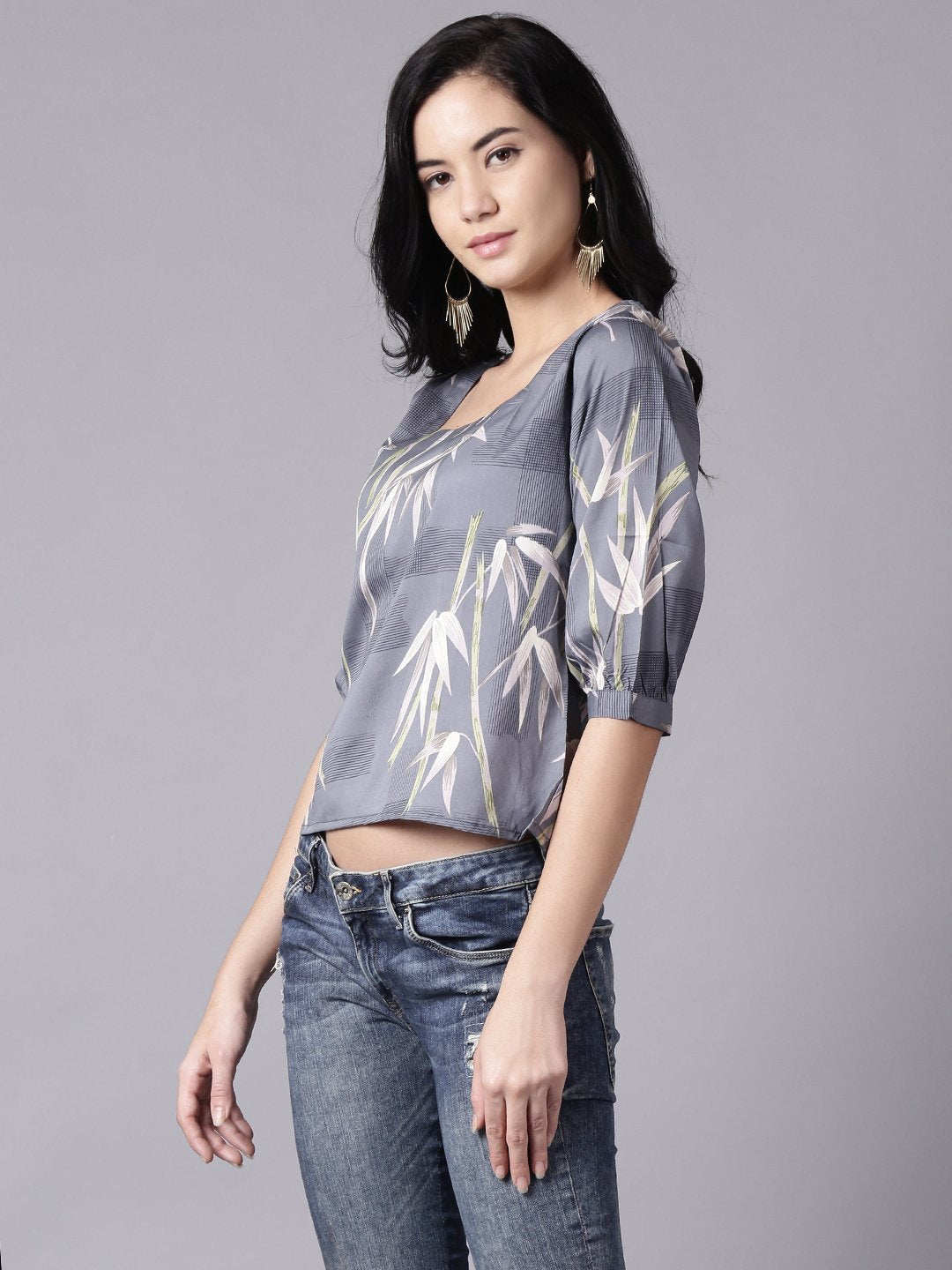 Women Grey Casual Printed Square Neck Top | LASVINI - Redefining Indian Fashion with Elegance