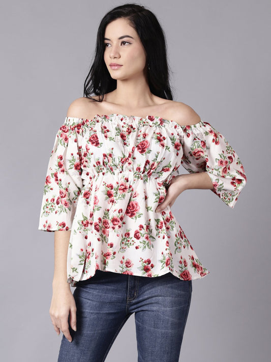 Women Cream Casual Printed Off-Shoulder Top | LASVINI - Redefining Indian Fashion with Elegance
