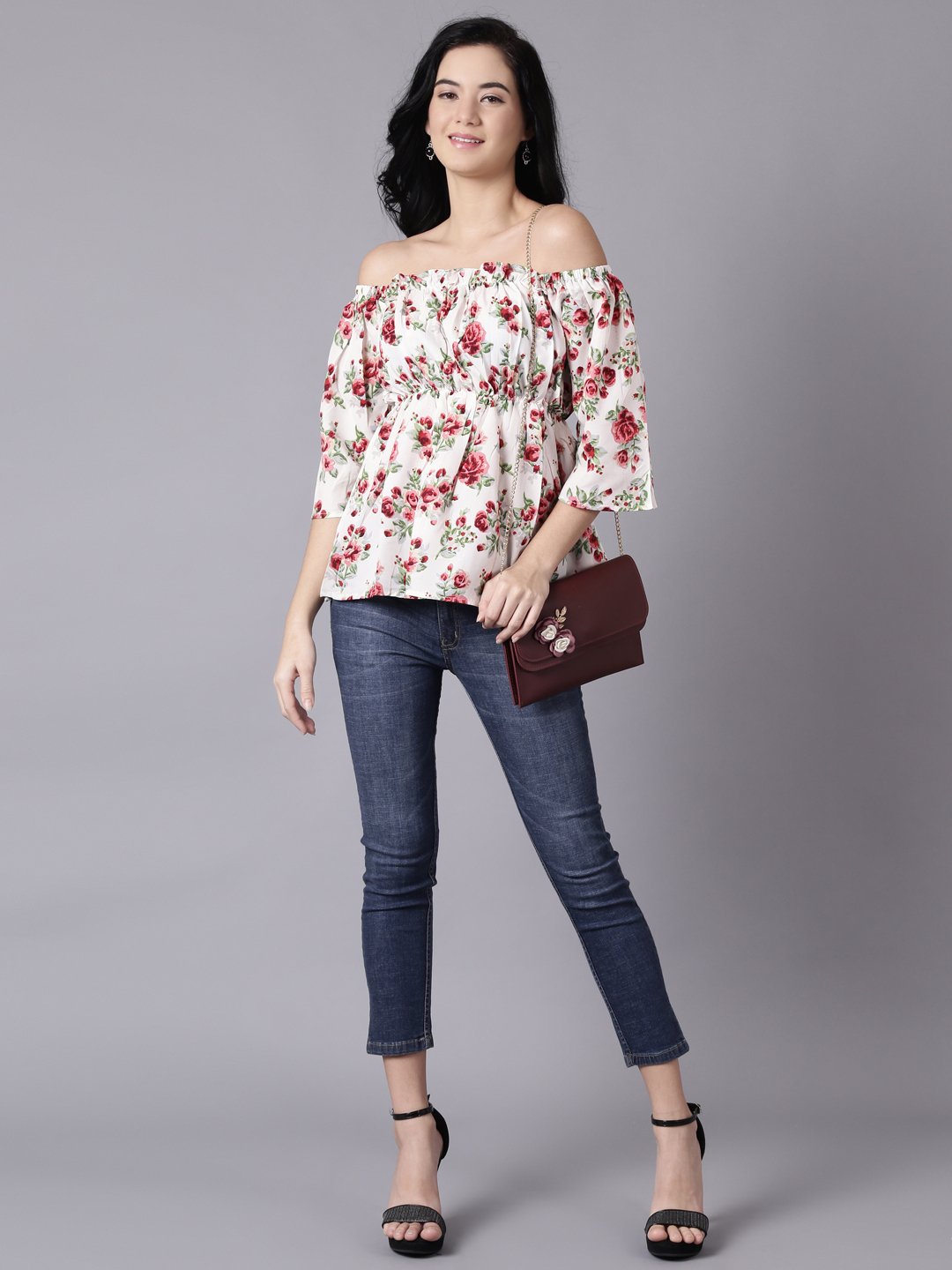 Women Cream Casual Printed Off-Shoulder Top | LASVINI - Redefining Indian Fashion with Elegance