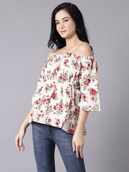 Women Cream Casual Printed Off-Shoulder Top | LASVINI - Redefining Indian Fashion with Elegance
