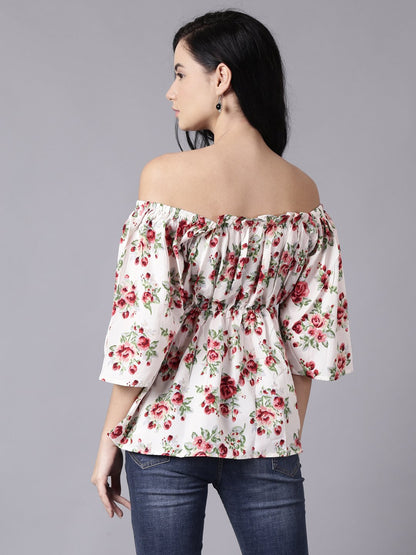 Women Cream Casual Printed Off-Shoulder Top | LASVINI - Redefining Indian Fashion with Elegance
