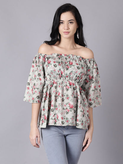 Women Green Casual Printed Off-Shoulder Top | LASVINI - Redefining Indian Fashion with Elegance