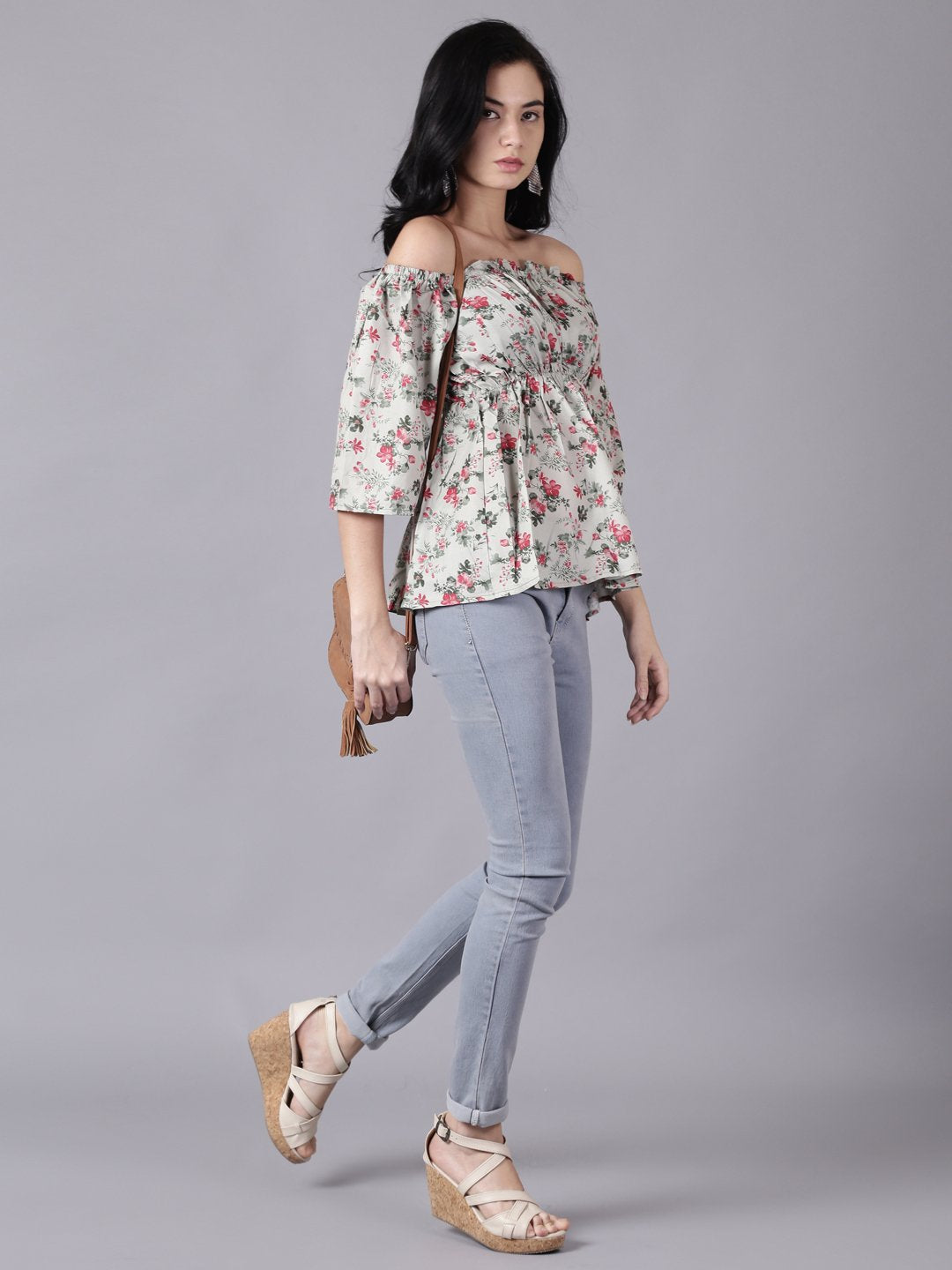 Women Green Casual Printed Off-Shoulder Top | LASVINI - Redefining Indian Fashion with Elegance