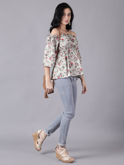 Women Green Casual Printed Off-Shoulder Top | LASVINI - Redefining Indian Fashion with Elegance