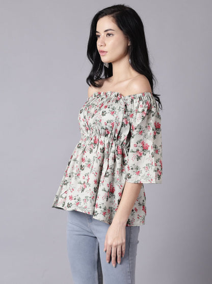 Women Green Casual Printed Off-Shoulder Top | LASVINI - Redefining Indian Fashion with Elegance