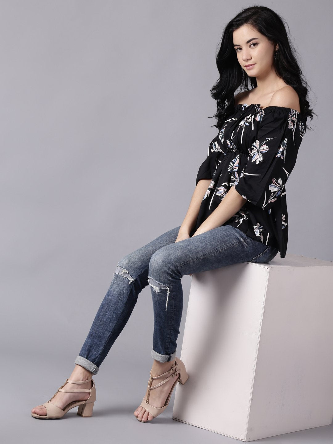 Women Black Floral Printed Top With Three Quater Sleeves | LASVINI - Redefining Indian Fashion with Elegance