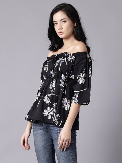 Women Black Floral Printed Top With Three Quater Sleeves | LASVINI - Redefining Indian Fashion with Elegance