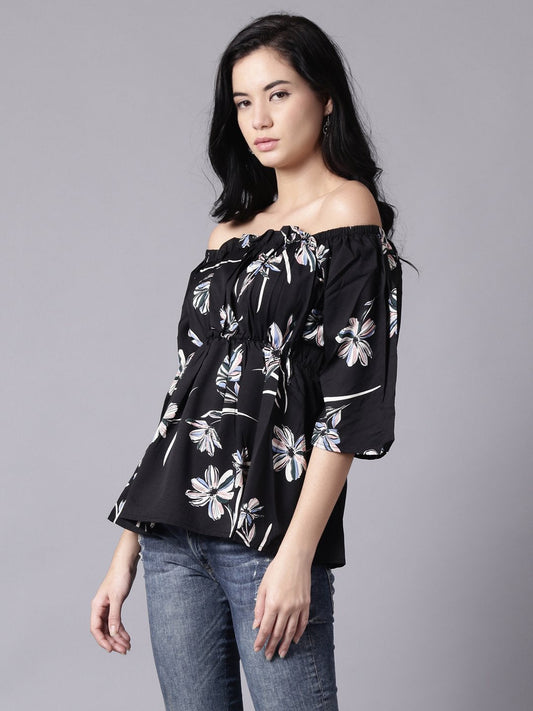 Women Black Floral Printed Top With Three Quater Sleeves | LASVINI - Redefining Indian Fashion with Elegance