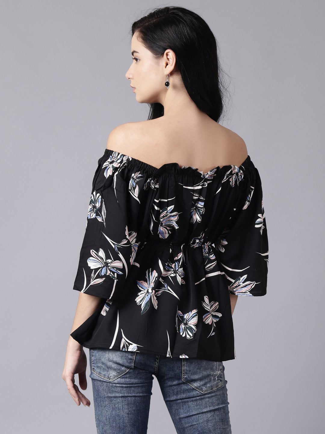 Women Black Floral Printed Top With Three Quater Sleeves | LASVINI - Redefining Indian Fashion with Elegance