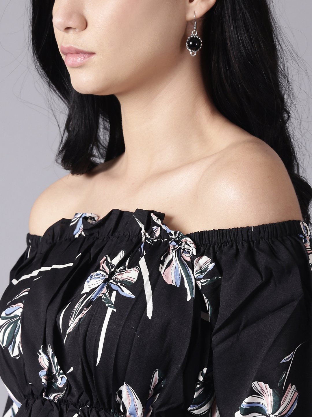 Women Black Floral Printed Top With Three Quater Sleeves | LASVINI - Redefining Indian Fashion with Elegance