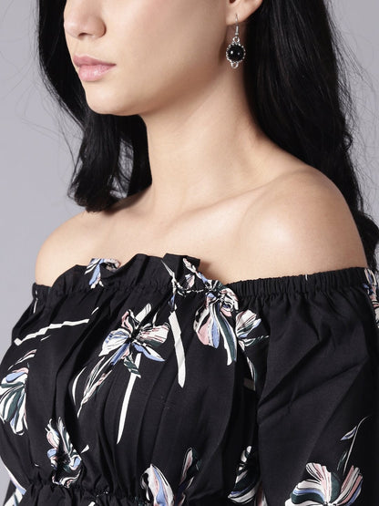 Women Black Floral Printed Top With Three Quater Sleeves | LASVINI - Redefining Indian Fashion with Elegance