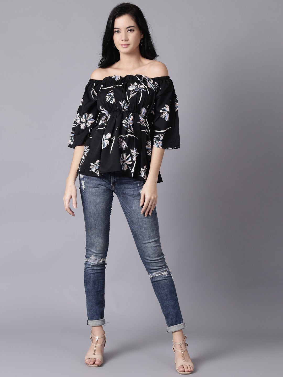 Women Black Floral Printed Top With Three Quater Sleeves | LASVINI - Redefining Indian Fashion with Elegance