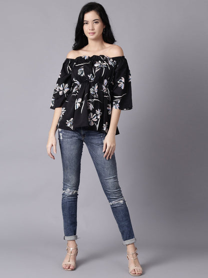 Women Black Floral Printed Top With Three Quater Sleeves | LASVINI - Redefining Indian Fashion with Elegance