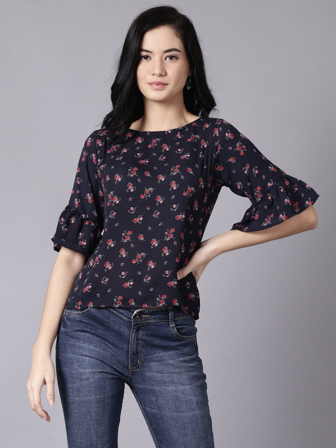 Women Navy Blue Casual Printed Round Neck Top | LASVINI - Redefining Indian Fashion with Elegance