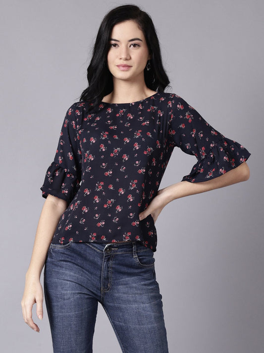 Women Navy Blue Casual Printed Round Neck Top | LASVINI - Redefining Indian Fashion with Elegance
