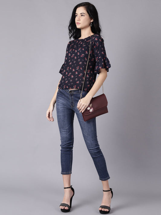 Women Navy Blue Casual Printed Round Neck Top | LASVINI - Redefining Indian Fashion with Elegance