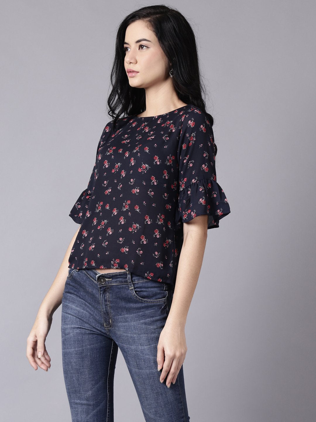 Women Navy Blue Casual Printed Round Neck Top | LASVINI - Redefining Indian Fashion with Elegance