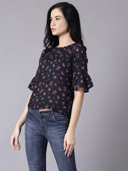 Women Navy Blue Casual Printed Round Neck Top | LASVINI - Redefining Indian Fashion with Elegance