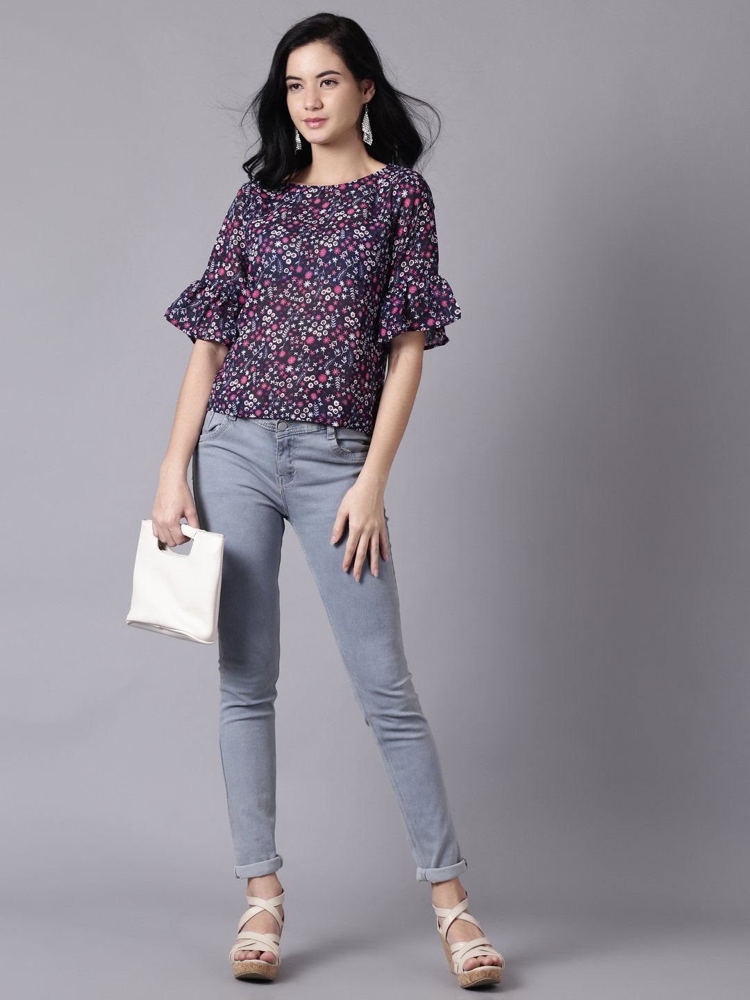 Women Navy Blue Casual Printed Round Neck Top | LASVINI - Redefining Indian Fashion with Elegance