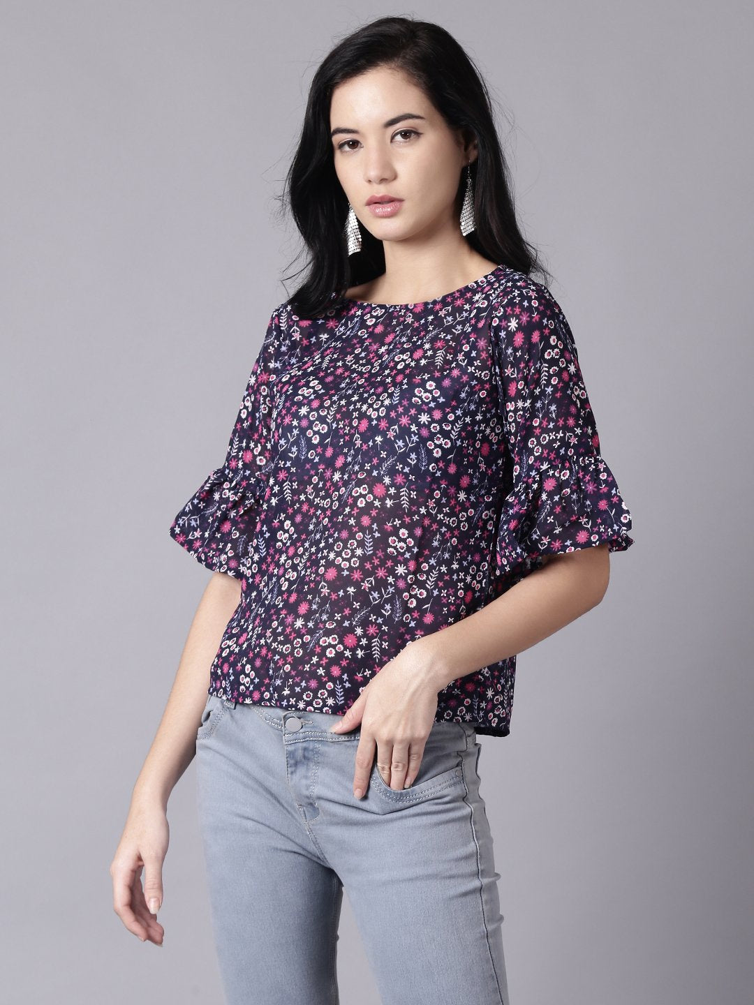 Women Navy Blue Casual Printed Round Neck Top | LASVINI - Redefining Indian Fashion with Elegance