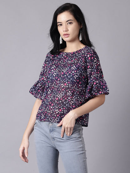 Women Navy Blue Casual Printed Round Neck Top | LASVINI - Redefining Indian Fashion with Elegance