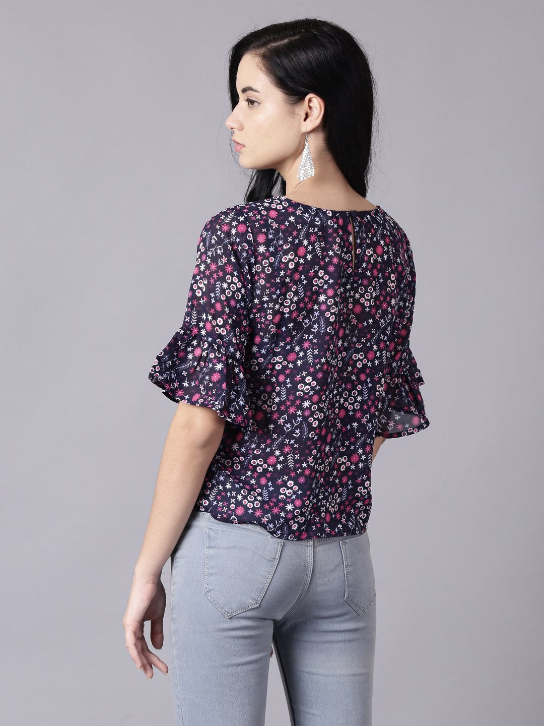 Women Navy Blue Casual Printed Round Neck Top | LASVINI - Redefining Indian Fashion with Elegance