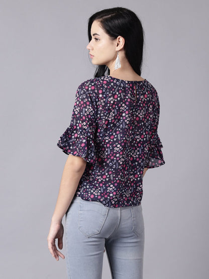 Women Navy Blue Casual Printed Round Neck Top | LASVINI - Redefining Indian Fashion with Elegance