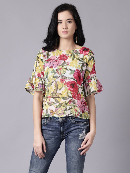 Women Off-White Casual Printed Round Neck Top | LASVINI - Redefining Indian Fashion with Elegance