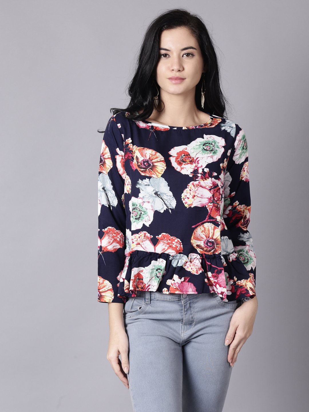 Women Navy Blue Casual Printed Round Neck Top | LASVINI - Redefining Indian Fashion with Elegance