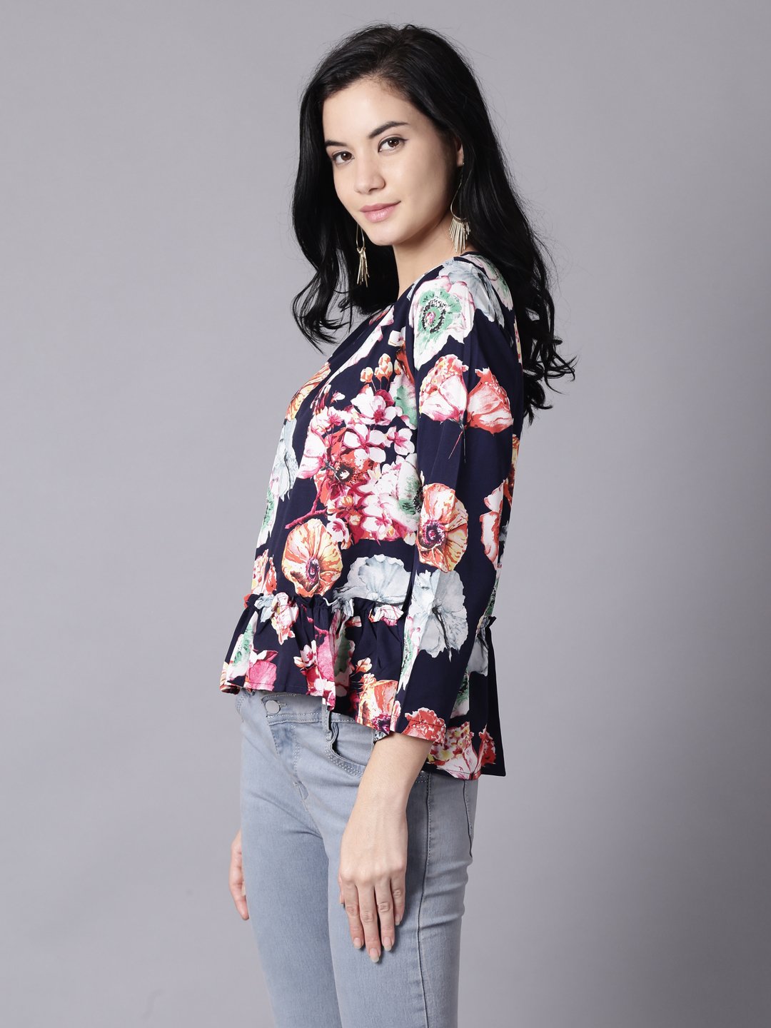 Women Navy Blue Casual Printed Round Neck Top | LASVINI - Redefining Indian Fashion with Elegance