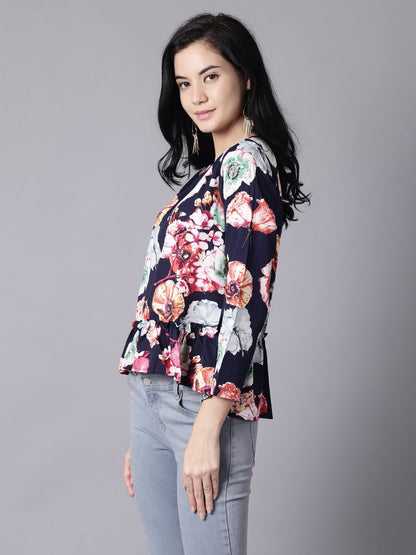 Women Navy Blue Casual Printed Round Neck Top | LASVINI - Redefining Indian Fashion with Elegance