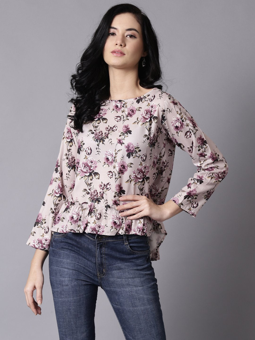 Women Beige Casual Printed Round Neck Top | LASVINI - Redefining Indian Fashion with Elegance