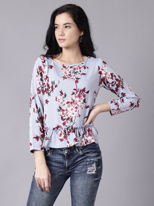 Women Blue Casual Printed Round Neck Top | LASVINI - Redefining Indian Fashion with Elegance