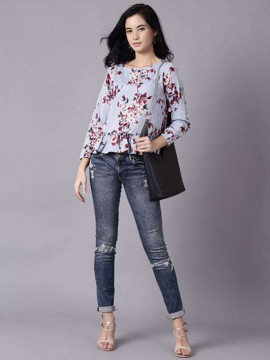 Women Blue Casual Printed Round Neck Top | LASVINI - Redefining Indian Fashion with Elegance