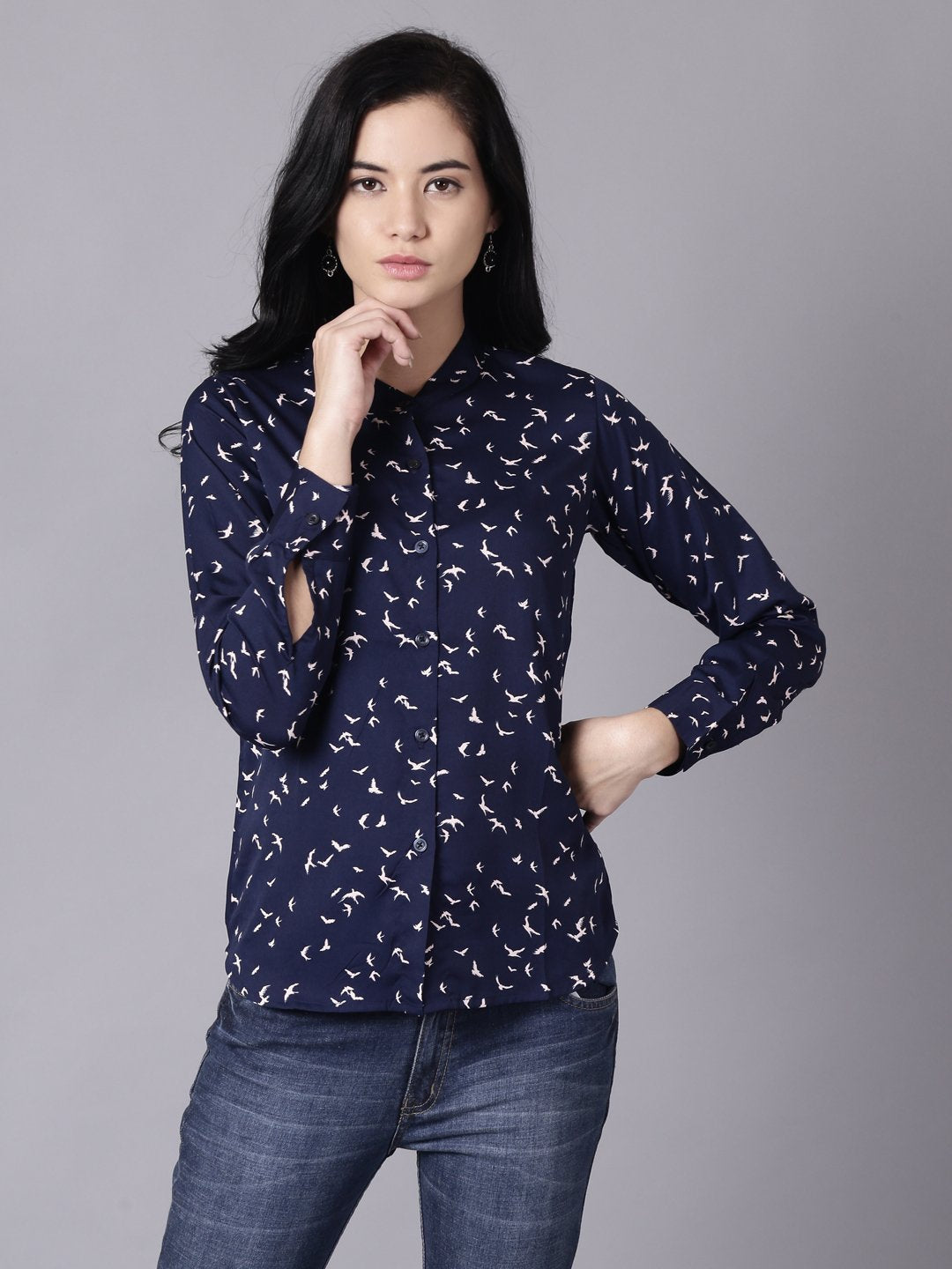 Women Navy Blue Regular Printed Mandarin Collar Crepe Shirt | LASVINI - Redefining Indian Fashion with Elegance