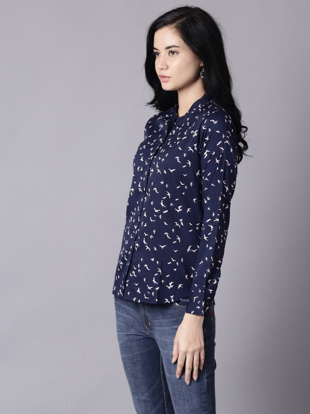 Women Navy Blue Regular Printed Mandarin Collar Crepe Shirt | LASVINI - Redefining Indian Fashion with Elegance