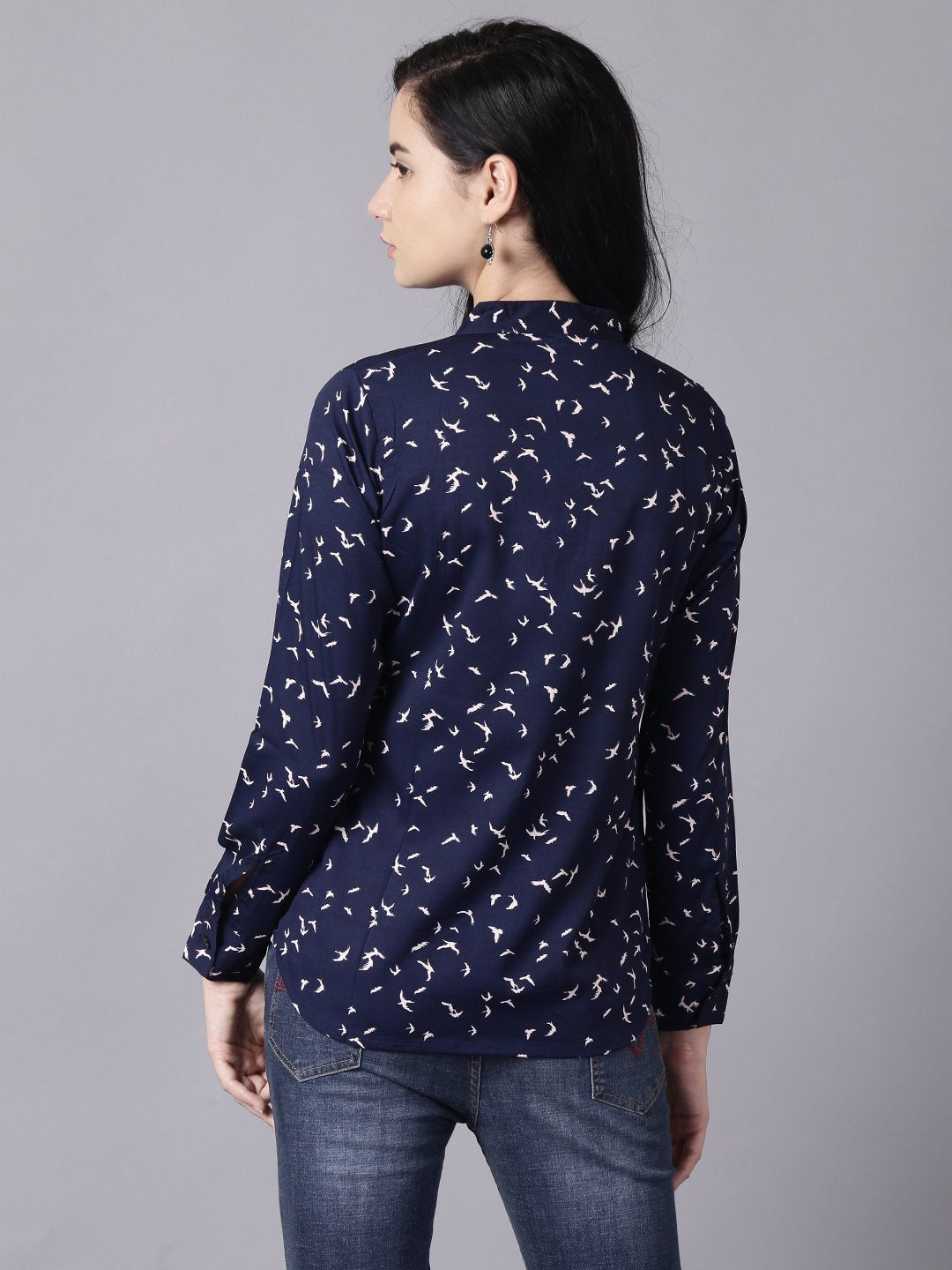 Women Navy Blue Regular Printed Mandarin Collar Crepe Shirt | LASVINI - Redefining Indian Fashion with Elegance