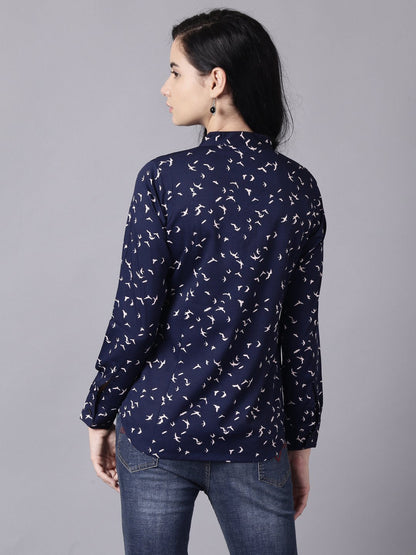 Women Navy Blue Regular Printed Mandarin Collar Crepe Shirt | LASVINI - Redefining Indian Fashion with Elegance
