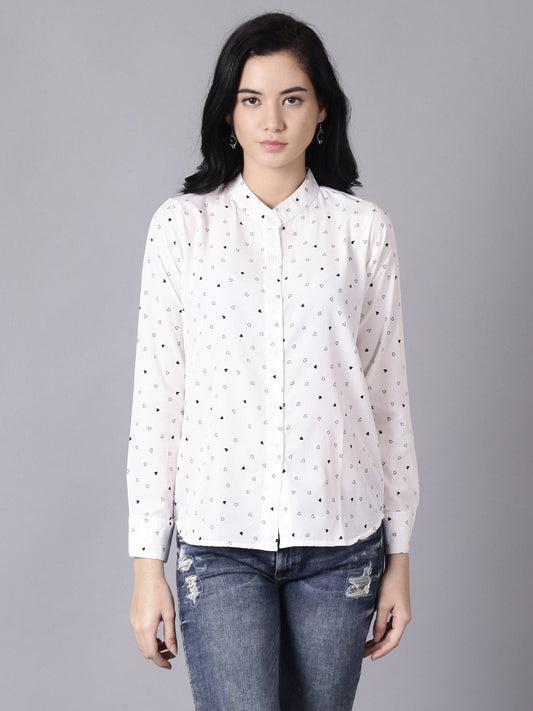 Women White Regular Printed Mandarin Collar Crepe Shirt | LASVINI - Redefining Indian Fashion with Elegance