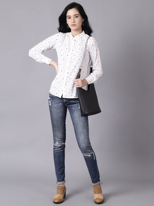 Women White Regular Printed Mandarin Collar Crepe Shirt | LASVINI - Redefining Indian Fashion with Elegance
