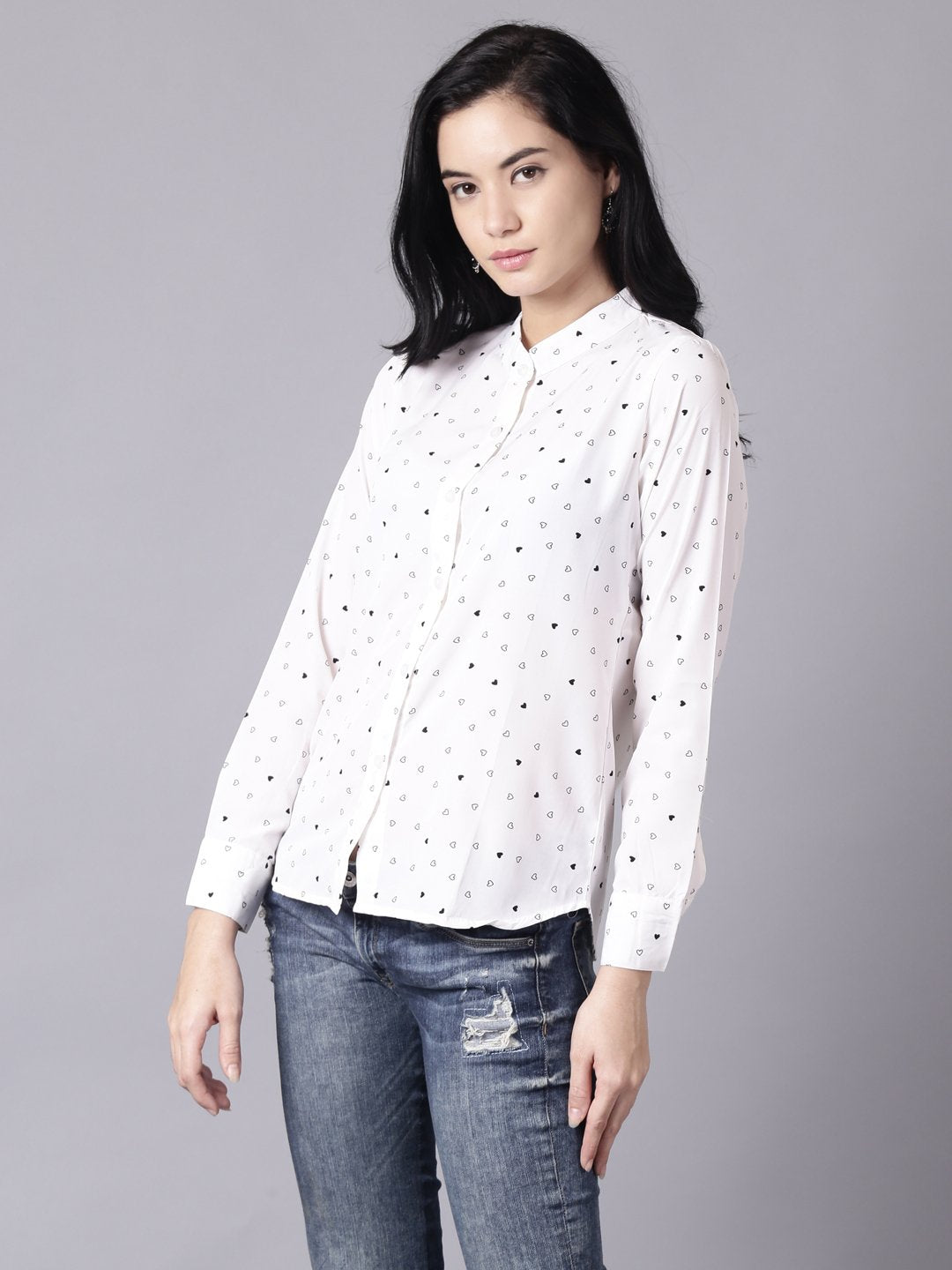 Women White Regular Printed Mandarin Collar Crepe Shirt | LASVINI - Redefining Indian Fashion with Elegance